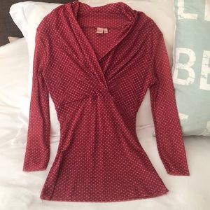 Sweet Pea burgundy polka pot long sleeve v-neck flattering blouse
